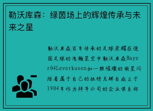 勒沃库森：绿茵场上的辉煌传承与未来之星