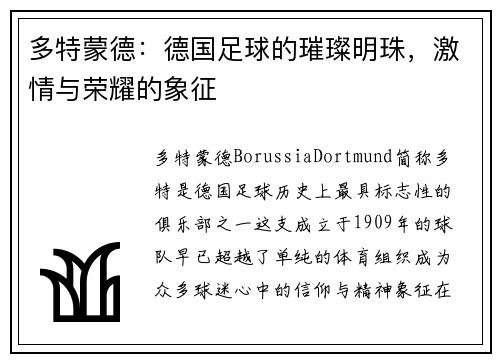 多特蒙德：德国足球的璀璨明珠，激情与荣耀的象征