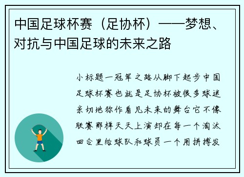 中国足球杯赛（足协杯）——梦想、对抗与中国足球的未来之路