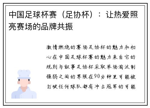 中国足球杯赛（足协杯）：让热爱照亮赛场的品牌共振