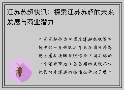 江苏苏超快讯：探索江苏苏超的未来发展与商业潜力