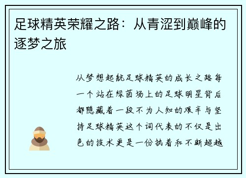足球精英荣耀之路：从青涩到巅峰的逐梦之旅