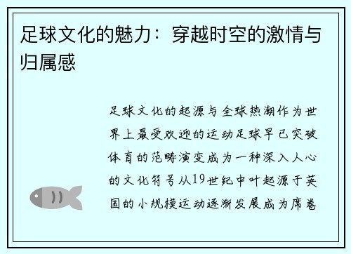 足球文化的魅力：穿越时空的激情与归属感